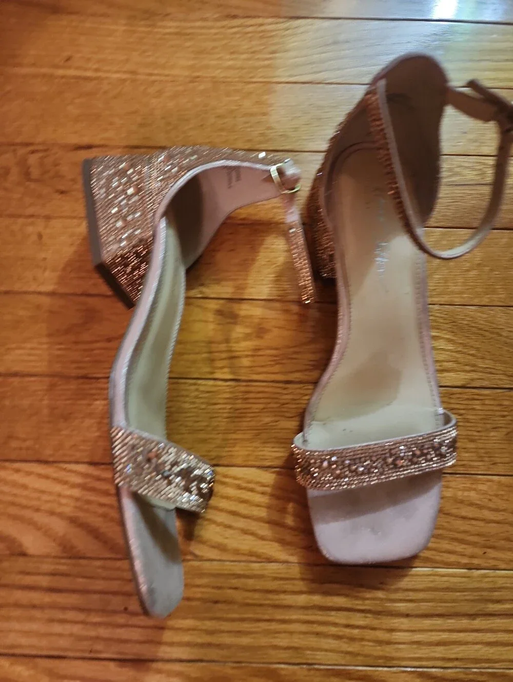 Betsy Johnson Grant Rose Gold Crystal Embellish Ankle-Strap Block Heel Sandals
